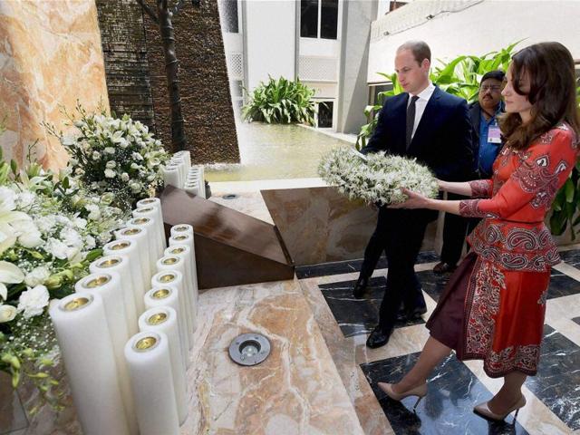 Britain's Prince William and his wife Catherine, Duchess of Cambridge, stand after paying their respects at the 26/11 memorial at the Taj Mahal Palace hotel. (REUTERS) Britain's Prince William and his wife Catherine, Duchess of Cambridge, stand after paying their respects at the 26/11 memorial at the Taj Mahal Palace hotel. (REUTERS)
