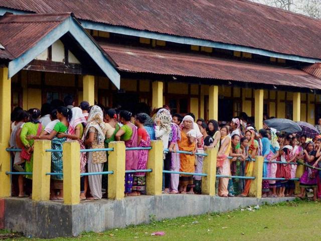 More than 40% of the 95 lakh voters exercised their franchise amidst tight security till midday, during polling for the remaining 61 of the 126 Assam Assembly constituencies on Monday. (PTI Photo) More than 40% of the 95 lakh voters exercised their franchise amidst tight security till midday, during polling for the remaining 61 of the 126 Assam Assembly constituencies on Monday. (PTI Photo)