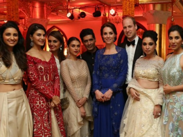 Prince William and wife Catherine with Parineeti Chopra (from left), Jacqueline Fernandez, Huma Qureshi, Aditi Rao Hydari, Manish Malhotra, a guest and Sophie Choudry. (UKinINdia/Twitter)