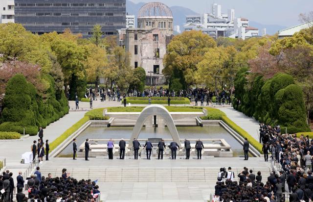 This handout picture released and taken by the Foreign Ministry of Japan shows G7 foreign ministers laying wreaths in front of the Memorial Cenotaph for the 1945 atomic bombing victims in the Peace Memorial Park. (AFP Photo) This handout picture released and taken by the Foreign Ministry of Japan shows G7 foreign ministers laying wreaths in front of the Memorial Cenotaph for the 1945 atomic bombing victims in the Peace Memorial Park. (AFP Photo)