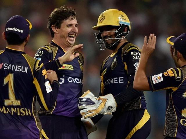 KKR Bowler Brad Hogg jubiliate with his teammates after dismissal of Delhi Daredevils batsman Pawan Negi. (PTI Photo) KKR Bowler Brad Hogg jubiliate with his teammates after dismissal of Delhi Daredevils batsman Pawan Negi. (PTI Photo)