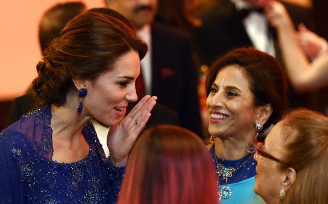Catherine, Duchess of Cambridge with Shobha De during the Bollywood themed dinner at Taj Mahal Palace Hotel in Mumbai on Sunday. (PTI)