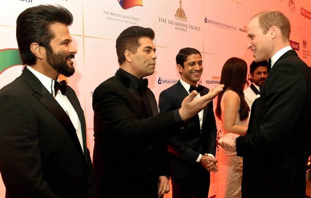 Prince William, Duke of Cambridge with actors Anil Kapoor, Karan Johar and Farhan Akhtar during the Bollywood theme dinner in Mumbai on Sunday. (PTI)