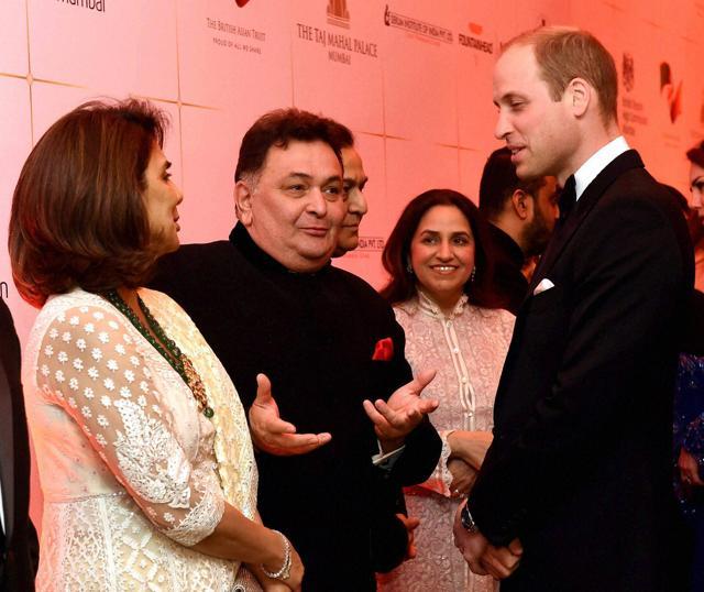Prince William, Duke of Cambridge with actors Nitu Kapoor and Rishi Kapoor during the Bollywood theme dinner in Mumbai on Sunday. (PTI)