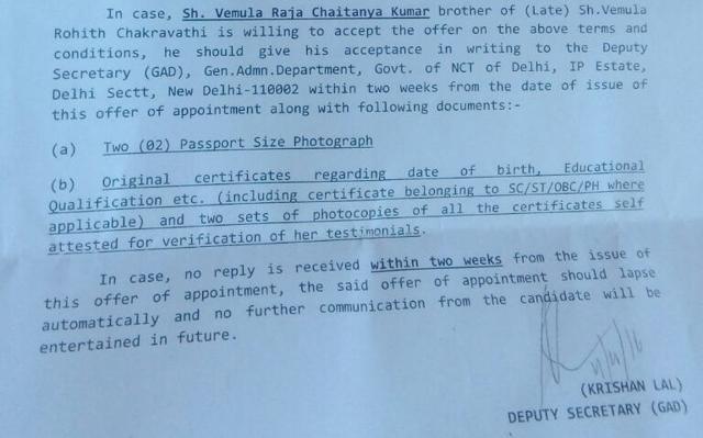 Copy of the compassionate appointment letter issued by the Delhi government to Rohith Vemula’s brother. (HT Photo) Copy of the compassionate appointment letter issued by the Delhi government to Rohith Vemula’s brother. (HT Photo)