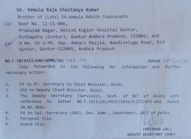 Copy of the letter sent by Delhi government to Rohith Vemula’s brother. (HT Photo) Copy of the letter sent by Delhi government to Rohith Vemula’s brother. (HT Photo)