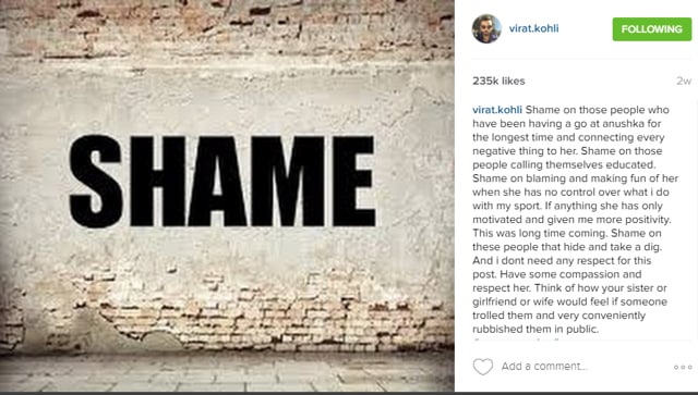 Kohli wrote a long post on Instagram, hitting back at people who took a dig at Anushka. (Photo: Instagram)