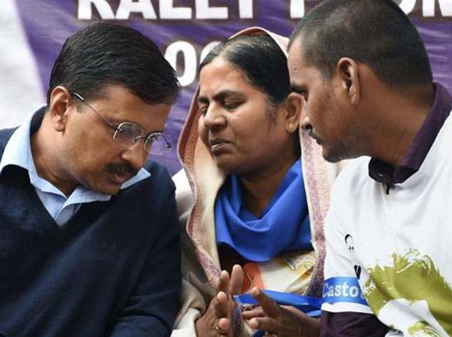 File photo of Delhi chief minister Arvind Kejriwal along with Rohith Vemula’s mother Radhika and brother during a protest rally over the Dalit students suicide at Jantar Mantar in New Delhi. (PTI) File photo of Delhi chief minister Arvind Kejriwal along with Rohith Vemula’s mother Radhika and brother during a protest rally over the Dalit students suicide at Jantar Mantar in New Delhi. (PTI)