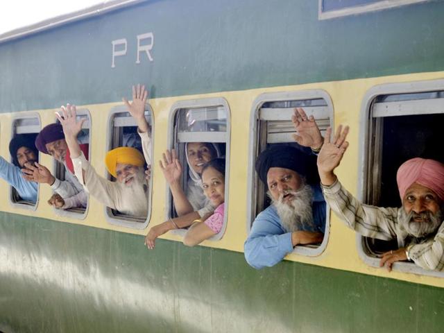 Among the pilgrims is an 834-strong ‘jatha’ being led by Shiromani Gurdwara Parbandhak Committee (SGPC) members Raghbir Singh Saharan Majra and Hardev Singh Roogla. (Sameer Sehgal/HT Photo) Among the pilgrims is an 834-strong ‘jatha’ being led by Shiromani Gurdwara Parbandhak Committee (SGPC) members Raghbir Singh Saharan Majra and Hardev Singh Roogla. (Sameer Sehgal/HT Photo)