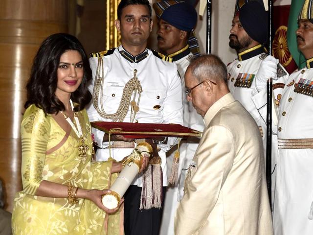 Priyanka Chopra receives the Padma Shri from President Pranab Mukherjee during the Padma Awards ceremony at Rashtrapati Bhawan in New Delhi, April 12, 2016. (Arvind Yadav/ HT Photo )