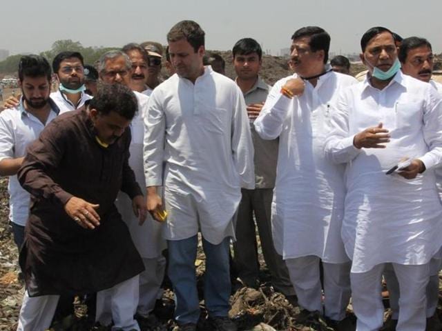 ongress vice-president Rahul Gandhi with city Congress president Sanjay Nirupam and other party leaders at the Deonar dumping ground on Tuesday. (Praful Gangurde) ongress vice-president Rahul Gandhi with city Congress president Sanjay Nirupam and other party leaders at the Deonar dumping ground on Tuesday. (Praful Gangurde)