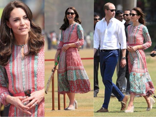 Outfit 2: Kate is no stranger to getting stuck into sport while somewhat impractically dressed - and a maxi dress by Anita Dongre and heels did not stop her from showing off her cricketing skills in Mumbai. (Instagram and Twitter) 