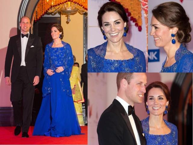 Outfit 3: The final engagement on day one brought the first red carpet event of the tour - and Kate did not disappoint. She wore a deep cobalt blue Jenny Packham gown with removable sheer beaded cape. (Instagram and Twitter) 