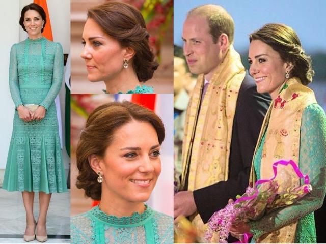Outfit  7: The Duchess of Cambridge changed into more formal wear for lunch with Prime Minister Narendra Modi. She wore a jade-green dress designed by Alice Temperley. (Instagram and Twitter) 