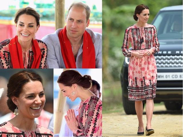 Outfit 10: The Duchess of Cambridge changed into a smock dress with Indian embroidery for her visit to Pan Bari Village in Assam after spending the morning on safari at the nearby Kaziranga National Park on day three of their Royal tour to India and Bhutan. (Instagram and Twitter) 