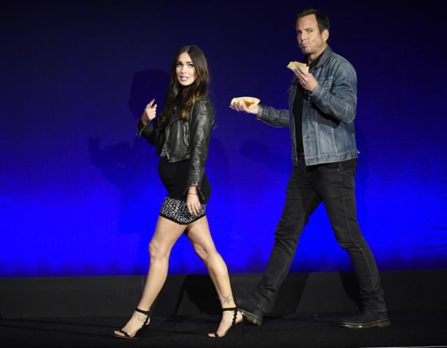 Megan Fox and Will Arnett, cast members in the upcoming film Teenage Mutant Ninja Turtles: Out of the Shadows, take the stage during the Paramount Pictures presentation at CinemaCon 2016. (AP)