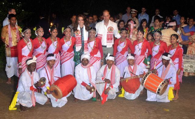 Prince William, and his wife, Kate, pose with the Jhoomar dance cultural troop at Diphlu River Lodge at Kaziranga National Park. (PTI Photo) Prince William, and his wife, Kate, pose with the Jhoomar dance cultural troop at Diphlu River Lodge at Kaziranga National Park. (PTI Photo)