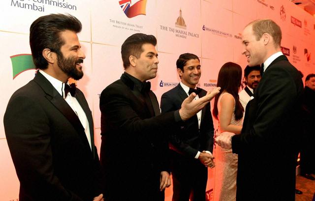 Prince William, with Anil Kapoor, Karan Johar and Farhan Akhtar during the Bollywood theme dinner in Mumbai on Sunday. (PTI) Prince William, with Anil Kapoor, Karan Johar and Farhan Akhtar during the Bollywood theme dinner in Mumbai on Sunday. (PTI)