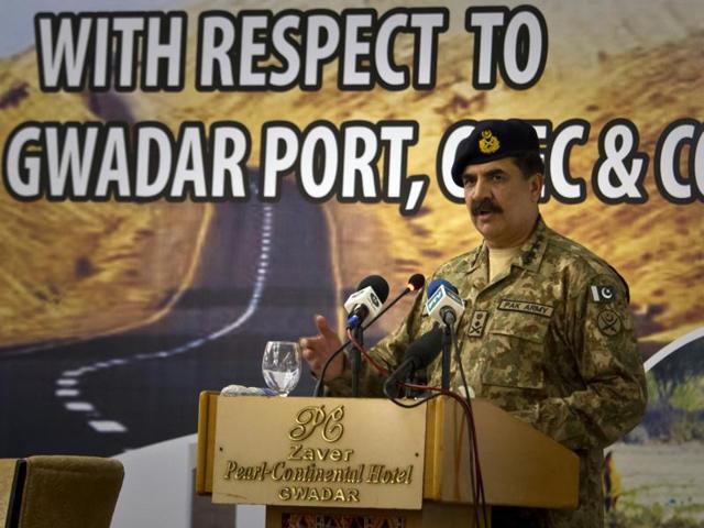 Pakistan Army chief Gen Raheel Sharif addresses a seminar in Gwadar, a town about 700 km west of Karachi, on Tuesday.(AP) Pakistan Army chief Gen Raheel Sharif addresses a seminar in Gwadar, a town about 700 km west of Karachi, on Tuesday.(AP)