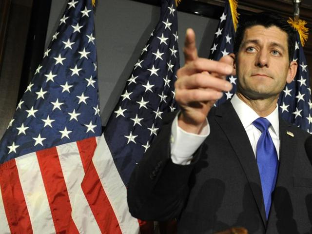 US House Speaker Paul Ryan gestures during a news conference at the Republican National Committee headquarters in Washington, DC. (AFP) US House Speaker Paul Ryan gestures during a news conference at the Republican National Committee headquarters in Washington, DC. (AFP)