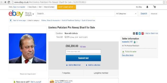 A screen shot of the advertisement on ebay, which was posted under the caption, “Useless Pakistani PM Nawaz Sharif for Sale.”