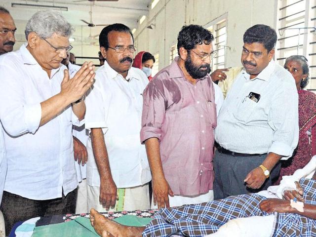 CPI(M) general secretary Sitaram Yechury visits victims of the Puttingal temple fire at a hospital in Thiruvananthapuram. (PTI File Photo) CPI(M) general secretary Sitaram Yechury visits victims of the Puttingal temple fire at a hospital in Thiruvananthapuram. (PTI File Photo)