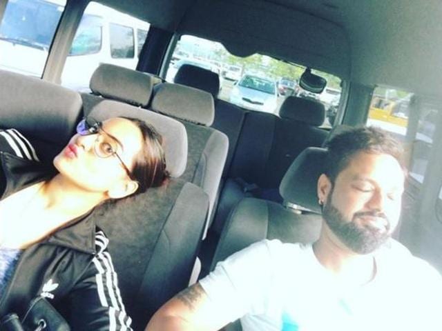 Pouting tiger... sleeping dragon. Sonakishi Sinha surely knows how to caption her pictures well. She shares a picture with a crew member on a location shoot in Sri Lanka. (Aslisona/Instagram)