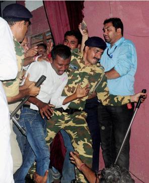 Police detain a Akhil Bharatiya Vidyarthi Parishad activist who hurled shoe at JNUSU president Kanhaiya Kumar during a lecture session in Nagpur on Thursday. (PTI) Police detain a Akhil Bharatiya Vidyarthi Parishad activist who hurled shoe at JNUSU president Kanhaiya Kumar during a lecture session in Nagpur on Thursday. (PTI)