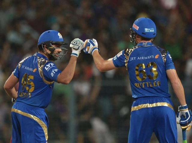 Mumbai Indians’ Jos Buttler and captain Rohit Sharma (L) exchange a fist bump. (AFP) Mumbai Indians’ Jos Buttler and captain Rohit Sharma (L) exchange a fist bump. (AFP)