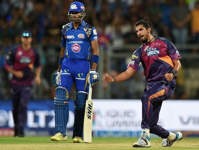 Rising Pune Supergiants' Ishant Sharma celebrates after taking the wicket of Mumbai Indians batsman Lendl Simmons. (AFP Photo) Rising Pune Supergiants' Ishant Sharma celebrates after taking the wicket of Mumbai Indians batsman Lendl Simmons. (AFP Photo)