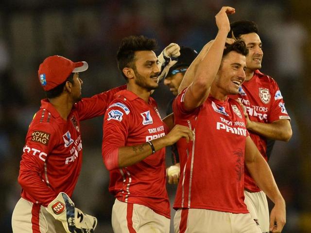 Kings XI Punjab cricketer Marcus Stoinis celebrates with teammates after dismissing Suresh Raina.(AFP Photo) Kings XI Punjab cricketer Marcus Stoinis celebrates with teammates after dismissing Suresh Raina.(AFP Photo)