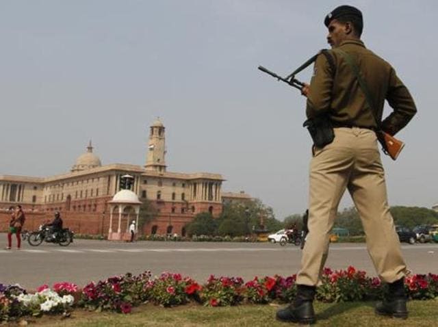 A CRPF jawan stands guard near the Parliament House. (Arvind Yadav/HT Photo) A CRPF jawan stands guard near the Parliament House. (Arvind Yadav/HT Photo)