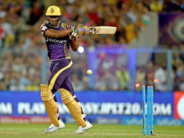 Andre Russell gets out bowled. (PTI) Andre Russell gets out bowled. (PTI)
