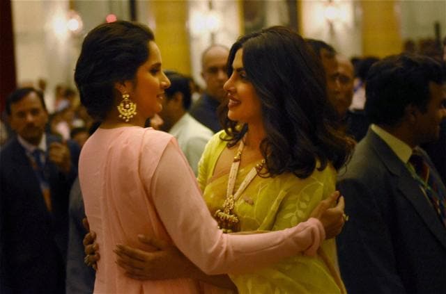 New Delhi: Bollywood actress Priyanka Chopra and tennis player Sania Mirza during Padma Awards 2016 function at Rashtrapati Bhavan in New Delhi on Tuesday. PTI Photo by Subhav Shukla(PTI4_12_2016_000212A) (PTI) New Delhi: Bollywood actress Priyanka Chopra and tennis player Sania Mirza during Padma Awards 2016 function at Rashtrapati Bhavan in New Delhi on Tuesday. PTI Photo by Subhav Shukla(PTI4_12_2016_000212A) (PTI)