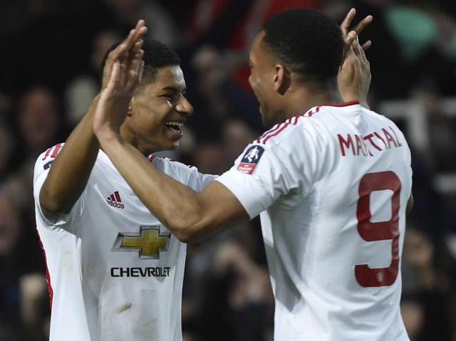 Marcus Rashford celebrates with Anthony Martial after scoring the first goal for Manchester United. (Reuters Photo) Marcus Rashford celebrates with Anthony Martial after scoring the first goal for Manchester United. (Reuters Photo)