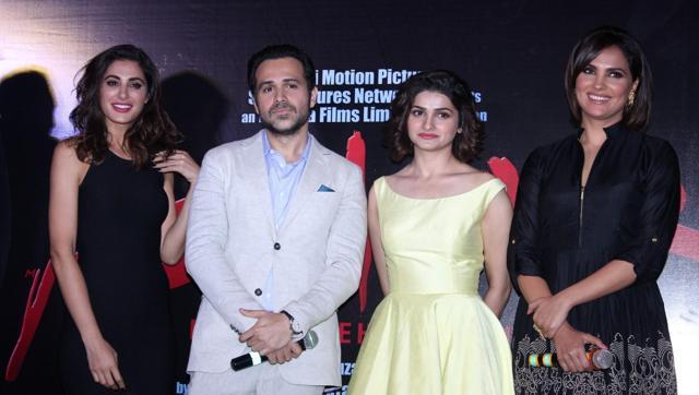 Actors Emraan Hashmi, Lara Dutaa and Nargis Fakhri during the trailer launch of film Azhar in Mumbai on April 1, 2016. (IANS)