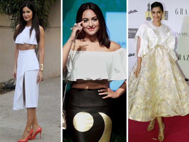 (L-R) Katrina Kaif, Sonakshi Sinha and Sonam Kapoor in ruffled tops (Photos: Yogen Shah, PTI) (L-R) Katrina Kaif, Sonakshi Sinha and Sonam Kapoor in ruffled tops (Photos: Yogen Shah, PTI)