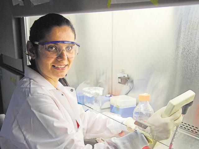 Purdue student Devika Sirohi working in a laboratory.(Purdue University photo/Mark Simons)