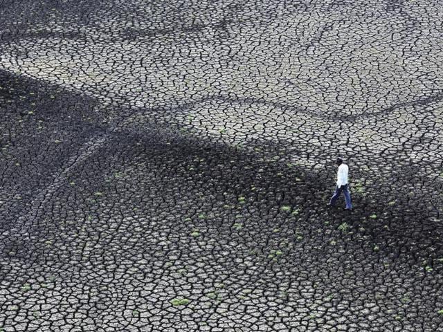 A man walks on the dried and cracked storage area of the Manjara Dam in Dhanegaon, Maharashtra. Scientists and activists have warned that relentless and unchecked groundwater extraction has led to a precipitous drop in water tables across India. (Anshuman Poyrekar/ht photo)