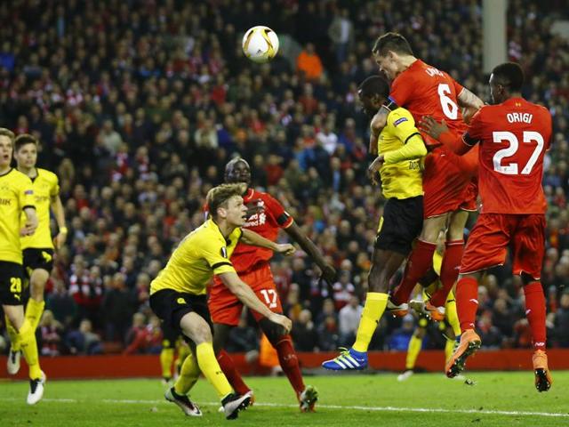 Liverpool's Dejan Lovren scores their fourth goal. (Reuters Photo)