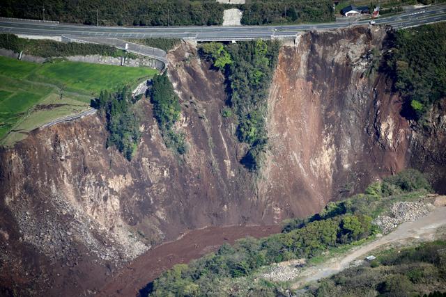 A landslide is seen in Minamiaso, Kumamoto prefecture, southern Japan on Saturday. (AP)