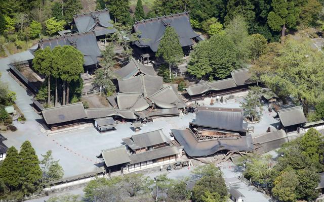 Romon gate (bottom R), designated as a nationally important cultural property, and other buildings damaged by an earthquake are seen at Aso Shrine in Aso. (REUTERS)