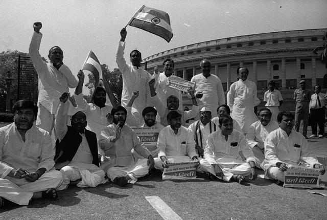 Kumar leads his party during a protest in front of Parliament in March 1994 . (Dinesh Krishnan/Hindustan Times) Kumar leads his party during a protest in front of Parliament in March 1994 . (Dinesh Krishnan/Hindustan Times)