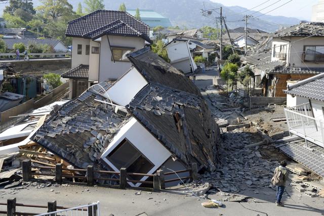 Houses are seen destroyed after an earthquake in Mashiki, Kumamoto prefecture. (AP)