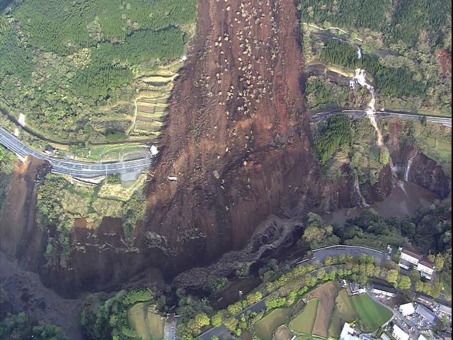This handout photo taken and released by Japan's defence ministry via Jiji Press on April 16, 2016 shows an aerial view of a landslide in Mimami-Aso, Kumamoto prefecture. The Nuclear Regulation Authority reported no abnormalities at Kyushu’s Sendai nuclear plant. (AFP) This handout photo taken and released by Japan's defence ministry via Jiji Press on April 16, 2016 shows an aerial view of a landslide in Mimami-Aso, Kumamoto prefecture. The Nuclear Regulation Authority reported no abnormalities at Kyushu’s Sendai nuclear plant. (AFP)