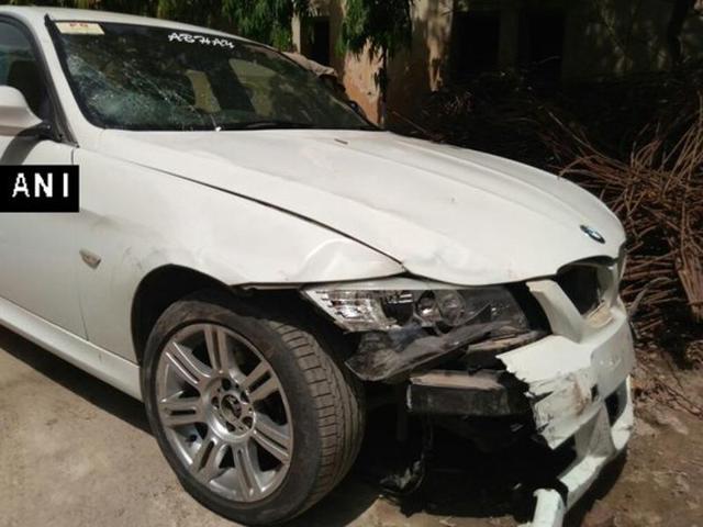 A speeding BMW hit a bike in Noida area of Uttar Pradesh on April 16, 2016.(ANI) A speeding BMW hit a bike in Noida area of Uttar Pradesh on April 16, 2016.(ANI)