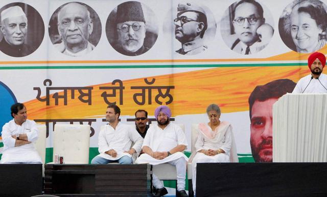 Congress V-P Rahul Gandhi with party leaders Shakeel Ahmad, Ambika Soni and Captain Amarinder Singh during an interaction with party workers and leaders at Zirakpur on Saturday. Charanjit Singh Channi, the Congress Legislature Party (CLP) leader in the Punjab Vidhan Sabha, is on the dais. (PTI Photo) Congress V-P Rahul Gandhi with party leaders Shakeel Ahmad, Ambika Soni and Captain Amarinder Singh during an interaction with party workers and leaders at Zirakpur on Saturday. Charanjit Singh Channi, the Congress Legislature Party (CLP) leader in the Punjab Vidhan Sabha, is on the dais. (PTI Photo)