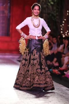 Several designers have moved to animal-friendly creations. Designer Monisha Jaising's faux leather lehenga was quite a hit on the ramp. (HT Photo)
