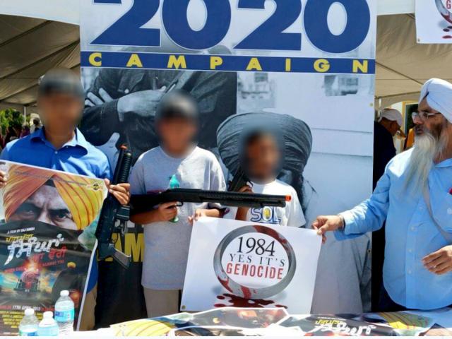 Children pose at an event in the Greater Toronto Area, calling for a referendum for a Sikh homeland. (HT Photo)