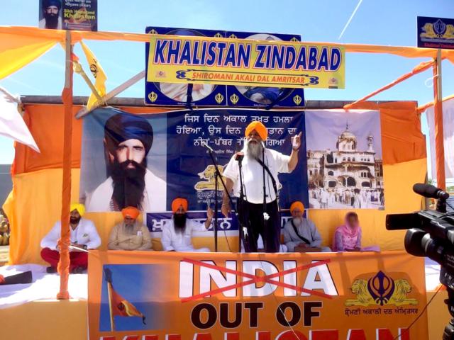 Sukhminder Singh Hansra speaks at a pro-Khalistan event (HT Photo)